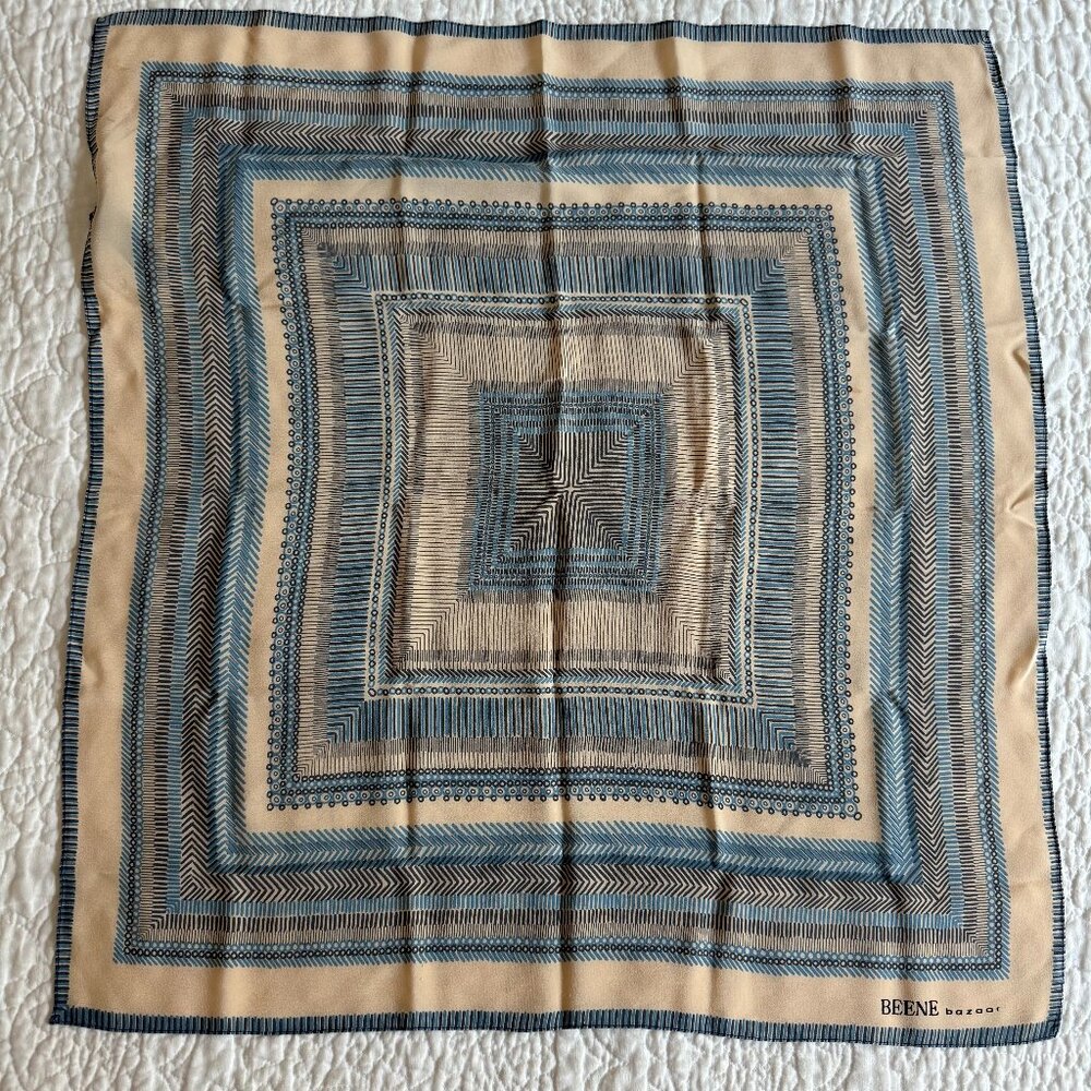 Geoffrey Beene Bazaar Silk Scarf Blue Beige Grey Geometric Square 25”